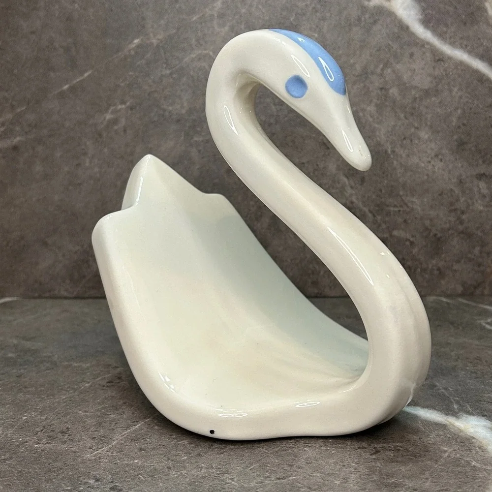 Vintage Ceramic Swan hand towel holder White Blue Hand Painted Pottery